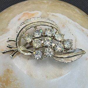 Vintage Clear Crystal Cluster Leaf Brooch - Silver Tone